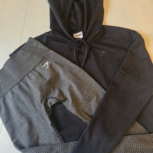 Gymshark Black Cropped Hoodie and Gray Leggings